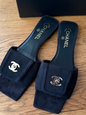 Chanel Black Suede Slide Sandals with turn lock CC Hardware